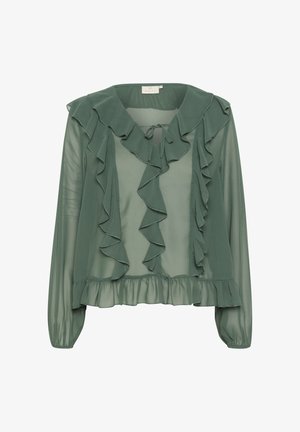 Zielona przezroczysta bluzka z falbanami z przodu, wyraźnym kołnierzem oraz długimi rękawami z falbanami na mankietach i u dołu.