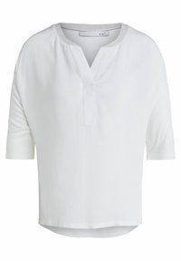 Top bianco a maniche corte con scollatura a V, caratterizzato da un colletto grigio strutturato. Il tessuto è liscio e leggero, con una vestibilità ampia e un orlo arrotondato.