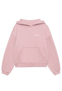 Sweat à capuche rose pâle avec poche kangourou et petit logo blanc « lowlights » sur la poitrine, présenté sur fond blanc.