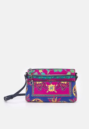 Small rectangular crossbody bag with multicolor floral and paisley patterns in purple, blue, yellow, and green, featuring two zippered compartments.