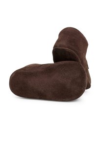 Pantofole in suede marrone con una superficie morbida, forma arrotondata e risvolti. Presentano una suola piatta e liscia per il comfort.