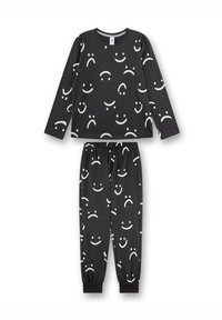 Schwarzes Langarm-Oberteile und Hosen Pyjama-Set mit verstreuten weißen lächelnden und traurigen Gesichtsmustern, elastischem Bund und Bündchen.