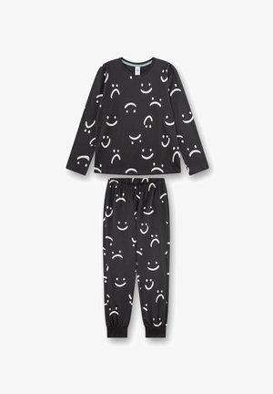 Schwarzes Langarm-Oberteile und Hosen Pyjama-Set mit verstreuten weißen lächelnden und traurigen Gesichtsmustern, elastischem Bund und Bündchen.