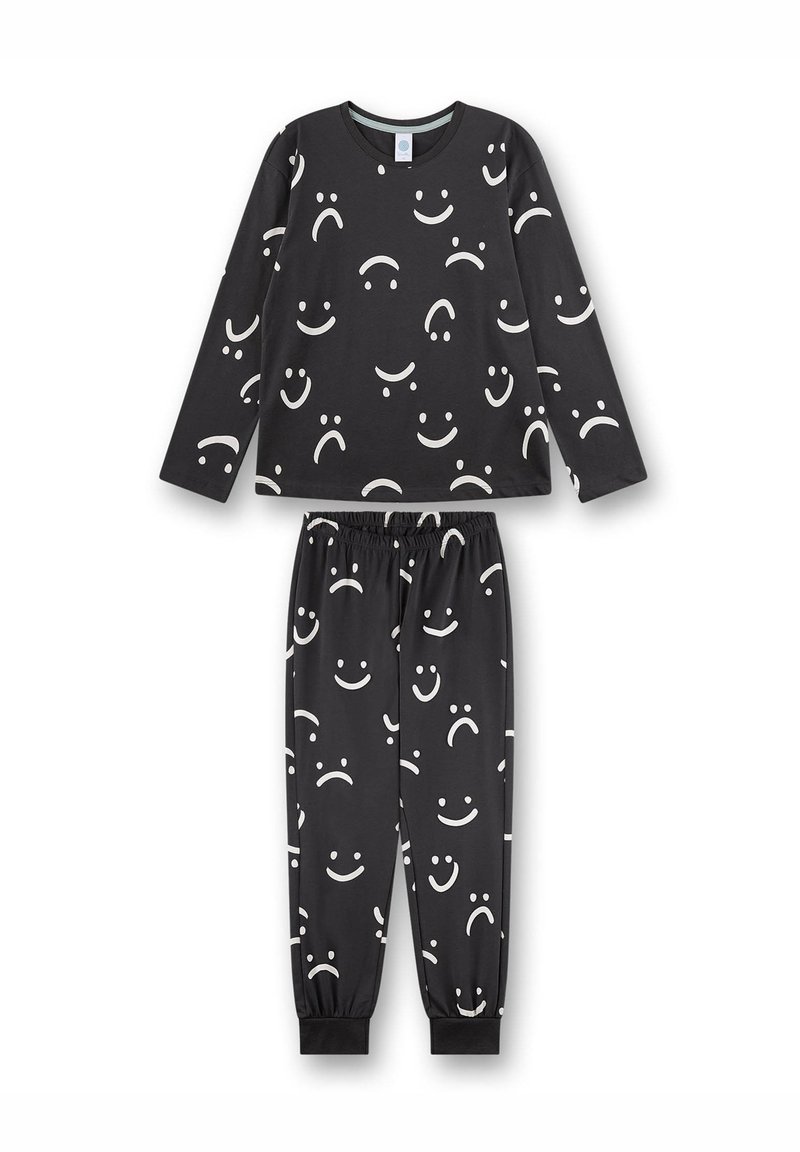 Schwarzes Langarm-Oberteile und Hosen Pyjama-Set mit verstreuten weißen lächelnden und traurigen Gesichtsmustern, elastischem Bund und Bündchen.
