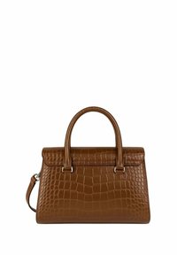 Sac à main en cuir embossé crocodile marron, de forme structurée, avec double poignées supérieures et une bandoulière réglable. Équipé de quincaillerie dorée.