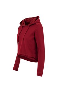 Sudadera corta burdeos con capucha, cordones, mangas largas y una textura de algodón suave. Presenta un diseño sencillo sin patrones.