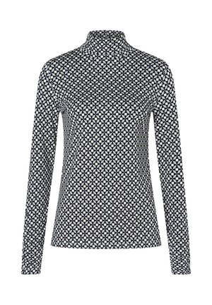 Langärmliges Rollkragenoberteil in einem schwarz-weißen geometrischen Muster, mit einer figurbetonten Passform und glatter Stofftextur.