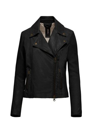 Giacca da moto in pelle nera con colletto a revers, zip asimmetrica e due tasche frontali con zip. Texture liscia con dettagli in bronzo.