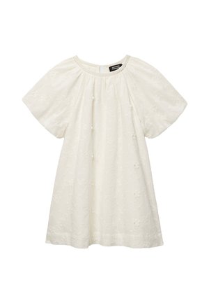 Robe crème ample à manches courtes avec une broderie florale subtile et un col rond, conçue pour un usage décontracté.