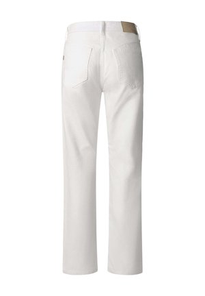 Valged sirged teksapüksid tagataskutega ja pruuni nahast plaadiga vöökohal, nähtud tagantpoolt.