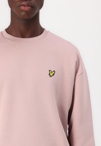 Lichtroze sweatshirt van zacht materiaal, met een ronde halslijn en lange mouwen. Het heeft een klein gele en zwarte geborduurd logo op de borst.