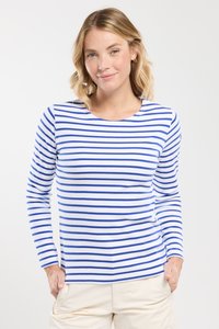 Langærmet stribet skjorte i hvid og blå; blødt materiale med rund hals og tætsiddende silhuet. Simpelt mønster uden yderligere detaljer.