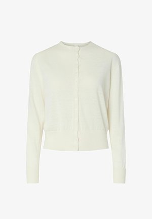 Kremasto obojeni pleteni kardigan s dugim rukavima, okruglim izrezom, prednjim gumbima i rebrastim manžetnama i rubom.