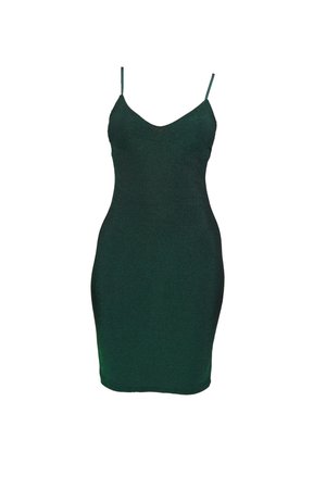 Zelena, oprijeta mini obleka z dolgimi prilagodljivimi naramnicami, z V-izrezom in gladko, sijajno teksturo. Brez vzorcev ali okrasitev.