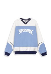 Sudadera azul clara y blanca con escote en V, que presenta un destacado logo "DRIMEY" en blanco. Acentos en navy en los puños y el dobladillo. Material suave.