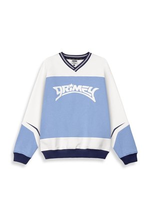 Sudadera azul clara y blanca con escote en V, que presenta un destacado logo "DRIMEY" en blanco. Acentos en navy en los puños y el dobladillo. Material suave.