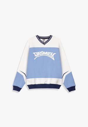 Sudadera azul clara y blanca con escote en V, que presenta un destacado logo "DRIMEY" en blanco. Acentos en navy en los puños y el dobladillo. Material suave.