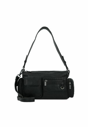 Borsa nera con motivo testurizzato a coccodrillo. Presenta diversi scomparti con cerniera, tracolla staccabile e dettagli in metallo sicuri.