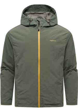 Grøn hættejakke med gul lynlås foran og justerbare snore, med "ragwear" logo på brystet.