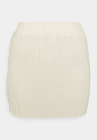 Jupe de couleur crème avec une surface texturée, dotée d'une taille élastique et d'une coupe droite à hauteur des genoux.