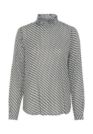 Long-sleeve blouse with a high smocked collar, featuring a black and white geometric pattern in diamond shapes and buttoned cuffs.