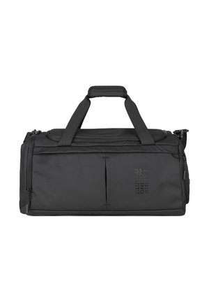 Borsa da viaggio rettangolare nera con doppie maniglie, impugnatura imbottita, tasche frontali con cerniera e logo discreto in basso a destra.