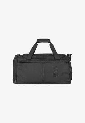 Zwarte rechthoekige duffeltas met dubbele handvatten, gewatteerde grip, voorvakjes met rits en een subtiel logo rechtsonder.