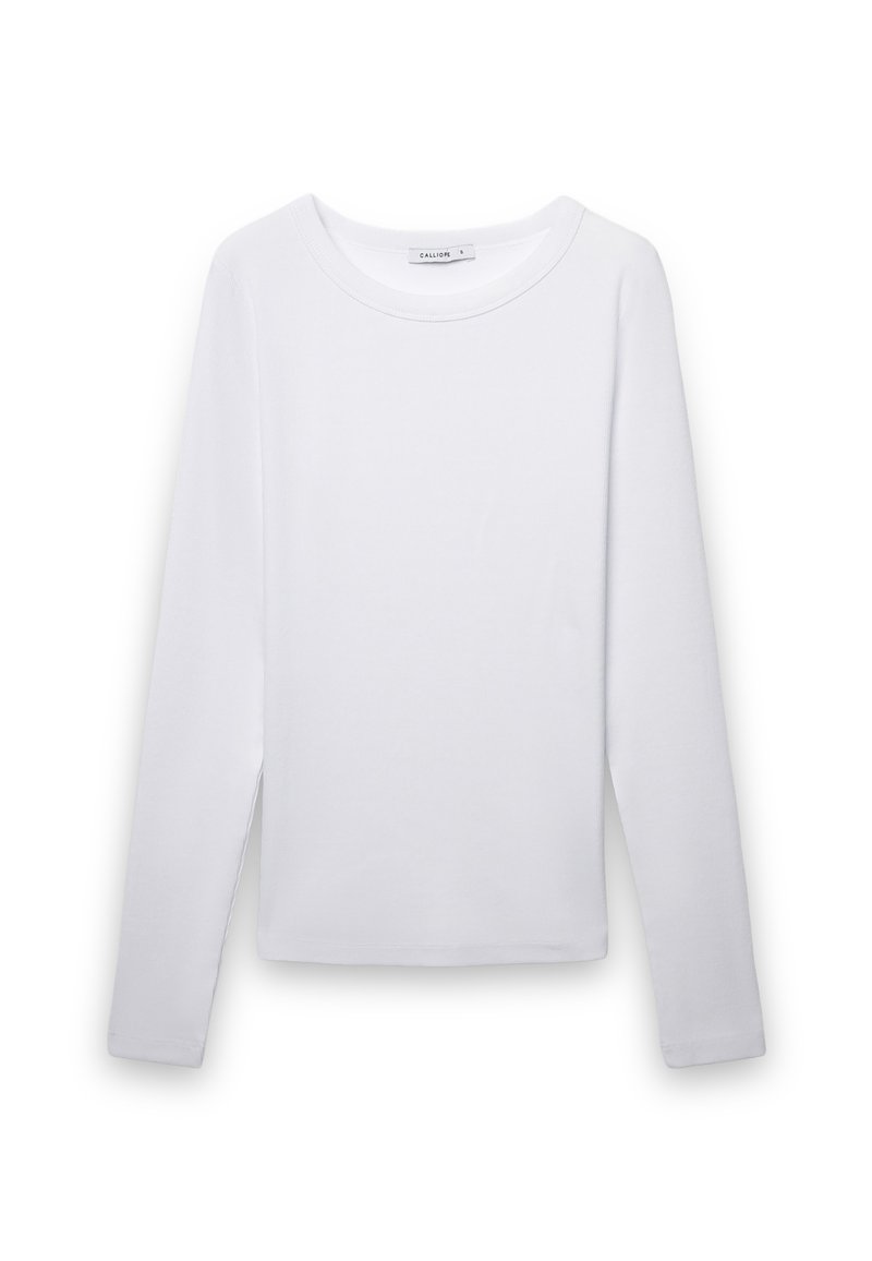 Camicia bianca a maniche lunghe realizzata in tessuto morbido, con scollo rotondo e taglio dritto. Senza motivi o decorazioni.
