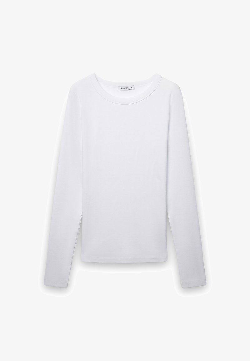 Camicia bianca a maniche lunghe realizzata in tessuto morbido, con scollo rotondo e taglio dritto. Senza motivi o decorazioni.