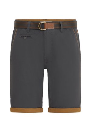 Dunkelgraue Shorts mit einem braunen Akzentbund. Verfügt über einen passenden Gürtel mit einer runden Metallschnalle und einer Seitentasche. Glatte Stofftextur.