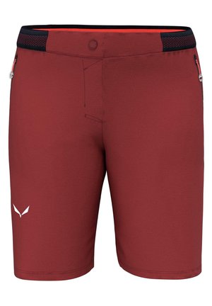 Męskie sportowe szorty w kolorze rdzawoczerwonym z czarnym siateczkowym paskiem w talii, zamykanymi na suwak kieszeniami po bokach, zapięciem na guzik oraz białym logo na lewej nogawce.