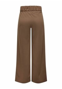 Pantalon marron à jambes larges avec une taille élastique, tissu lisse et ourlet droit, vue de dos.