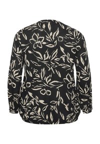 Blusa nera con maniche lunghe, caratterizzata da un motivo floreale bianco sporco. Il tessuto sembra leggero e con una texture morbida, adatto per essere sovrapposto.