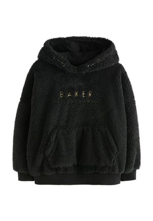 Hoodie in pile nera con superficie testurizzata, tasca frontale e cappuccio con cordino. Presenta la scritta "BAKER" in lettering dorato sul davanti.