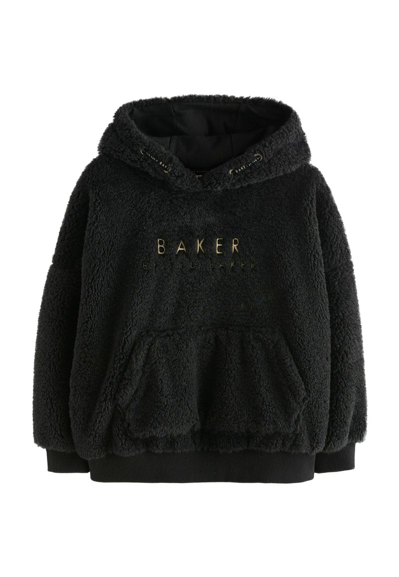 Hoodie in pile nera con superficie testurizzata, tasca frontale e cappuccio con cordino. Presenta la scritta "BAKER" in lettering dorato sul davanti.