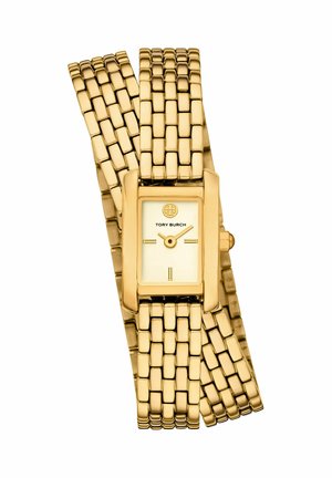 Orologio Tory Burch in tonalità oro con quadrante rettangolare e cinturino bracciale avvolgente a maglie che mostra l’ora 3:10.