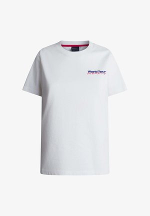 White short-sleeve crew neck T-shirt with "World Tour Red Bull Racing" text in blue and red on the left chest.