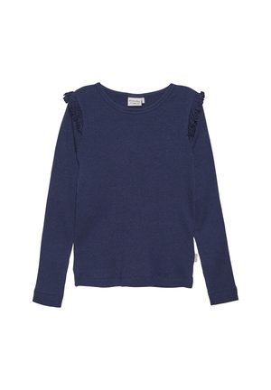 Long-sleeve navy blue top with ribbed texture, featuring ruffled accents on the shoulders and a round neckline. Casual design for comfort.