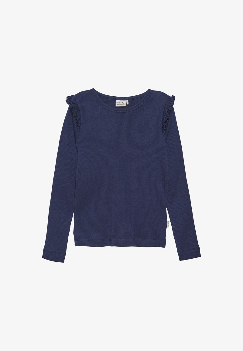 Hosszú ujjú sötétkék felső, bordás textúrával, fodros díszítéssel a vállaknál és kerek nyakkivágással. Kényelmes, laza kialakítás.