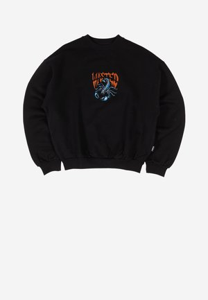 Fekete kapucnis felső, kék és narancssárga skorpió grafikai tervezéssel. Rávarrt mandzsettái vannak, és laza fazonú. Pamut keverékből készült.