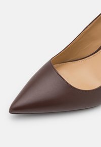 Chaussure plate pour femme en cuir brun à bout pointu, avec semelle intérieure beige et coutures nettes sur fond blanc.