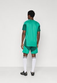 Πράσινο αθλητικό σετ μπλούζας και σορτς, με αντίθετα σκούρα πράσινα πάνελ, λευκές ρίγες στα μανίκια, λευκές κάλτσες μέχρι το γόνατο, και μαύρα παπούτσια με χρυσές λεπτομέρειες.