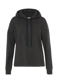Dunkelgrauer Kapuzenpullover mit strukturiertem Rippenmuster, ausgestattet mit einer Kordelzugkapuze und langen Ärmeln. Elastische Bündchen und Saum.