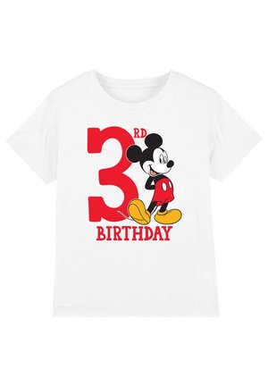 White t-shirt featuring a graphic of Mickey Mouse in red shorts, with "3RD BIRTHDAY" and large red number 3 in bold, playful font.