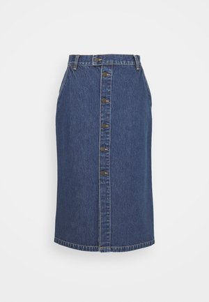 Denim pencil skirt in dark blue, featuring a front button closure, vertical seam detailing, and a classic hemline.