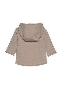 Helle beige Longsleeve-Hoodie mit einer großen, runden Kapuze, aus einem weichen Stoff gefertigt; mit minimalen Nähten und einem leicht abgerundeten Saum.