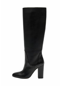 Botas negras hasta la rodilla hechas de cuero suave, con punta afilada y un tacón robusto de bloque. Diseño aerodinámico con acentos mínimos.