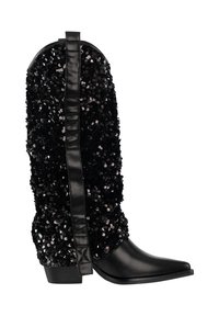 Botas de cowboy negras con punta afilada, que presentan un empeine de lentejuelas y una parte inferior de cuero liso. Un lazo de satén adorna el costado.
