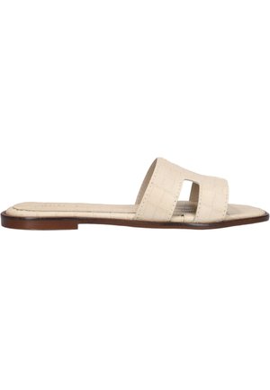 Beige platte slidesandaal met een brede getextureerde band met twee open delen en een dunne bruine zool.