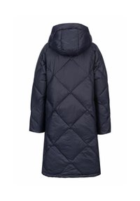 Marineblauwe gewatteerde jas met capuchon, voorzien van een geborduurd ruitpatroon, lange mouwen en een middellange snit. Glad, glanzend stoftextuur.